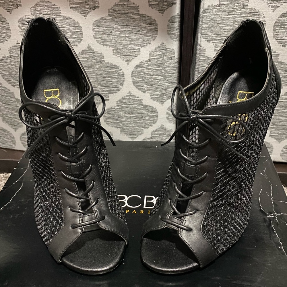 Black BCBG lace up heeled booties
